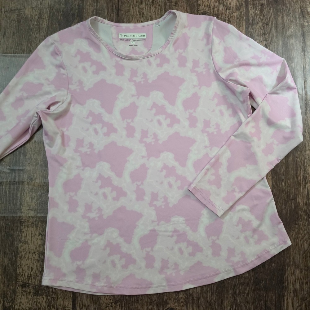 PEBBLE BEACH Performance Top Womens Large Pink White Dry-Luxe Long Sleeve Shirt